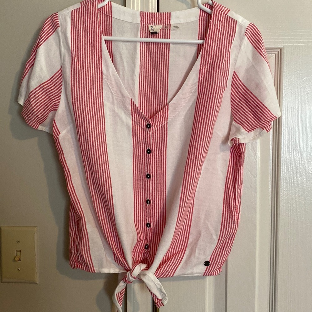 Roxy button down tie front shirt small striped
